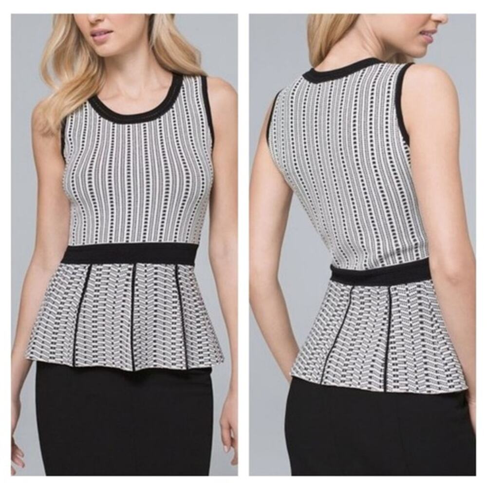 WHBM Sleeveless Peplum Top Womens Medium Black Ecru Career Office Shell Tank
